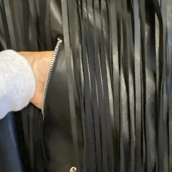 Coffee Bean Star Studded Faux Leather Fringe Black Moto Motorcycle Jacket Medium - Picture 5 of 13